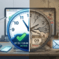 Split image showing a current, active clock next to a cracked, stale clock representing Outlook's frozen email sync